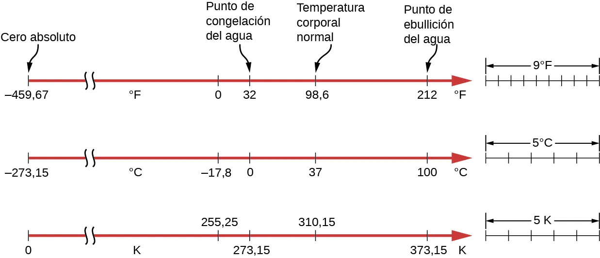 La figura muestra las escalas Fahrenheit, Celsius y kelvin. En ese orden, las escalas tienen estos valores: el cero absoluto es menos 459, menos 273,15 y 0, el punto de congelación del agua es 32, 0 y 273,15, la temperatura corporal normal es 98,6, 37 y 310,15, el punto de ebullición del agua es 212, 100 y 373,15. Cero grados Fahrenheit (0 °F) es menos que 17,8 grados Celsius (17,8 °C) y 255,25 grados kelvin (255,25 K). Los tamaños relativos de las escalas se muestran a la derecha. Una diferencia de 9 °F equivale a 5 °C y 5 grados K.