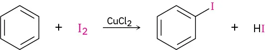 Benzene reacts with iodine in the presence of copper (2) chloride to form iodobenzene and hydrogen iodide.
