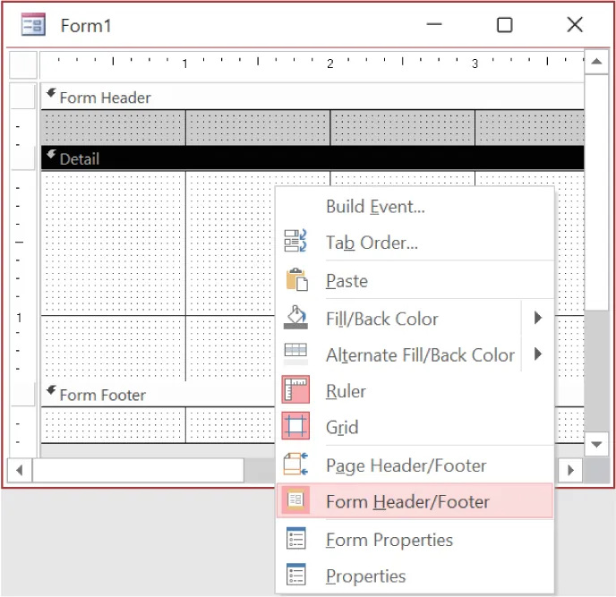 Pane open in Form1 lists options for selection: Build Event, Tab Order, Paste, Fill/Back Color, Alternate Fill/Back Color, Ruler, Grid, Page Header/Footer, Form Header/Footer (selected), Form Properties, and Properties.