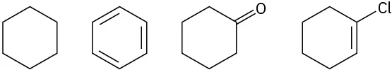 Chemical structures of cyclohexane, benzene, cyclohexanone, and 1-chloro-1-cyclohexene.