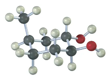 The ball-and-stick model has a cyclohexane ring. C1 and C2 are each bonded to an equatorial hydroxyl group. C5 is bonded to a methyl group. The red sphere denotes oxygen.