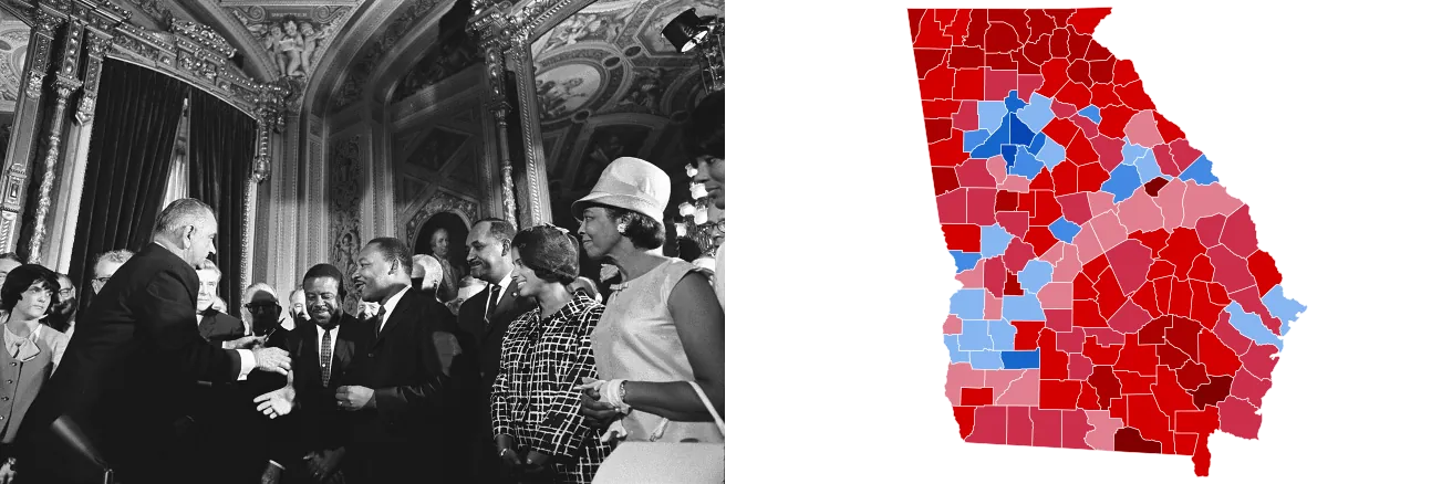 The left photo shows Lyndon B. Johnson handing the pen used to sign the Voting Rights Act to Martin Luther King, Jr. on August 6, 1965. The right image is a map of the state of Georgia by county. The vast majority of the state is colored red, indicating Republican voting. A few isolated areas, representing urban and university areas such as Atlanta, Athens, Augusta, and Savannah, are colored blue indicating a majority Democratic vote.