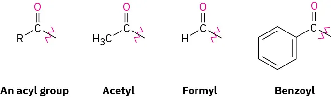 The structures of acyl (C O R), acetyl (C O C H 3), formyl (C H O), and benzoyl (C O Ph) groups.
