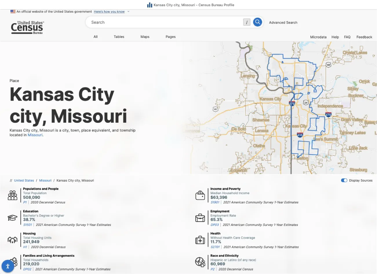 United States Census Bureau website page for Kansas City, Missouri displays Missouri map with clickable information for Populations and People, Education, Housing, Families and Living Arrangements, Income and Poverty, Employment, Health, Race/Ethnicity.