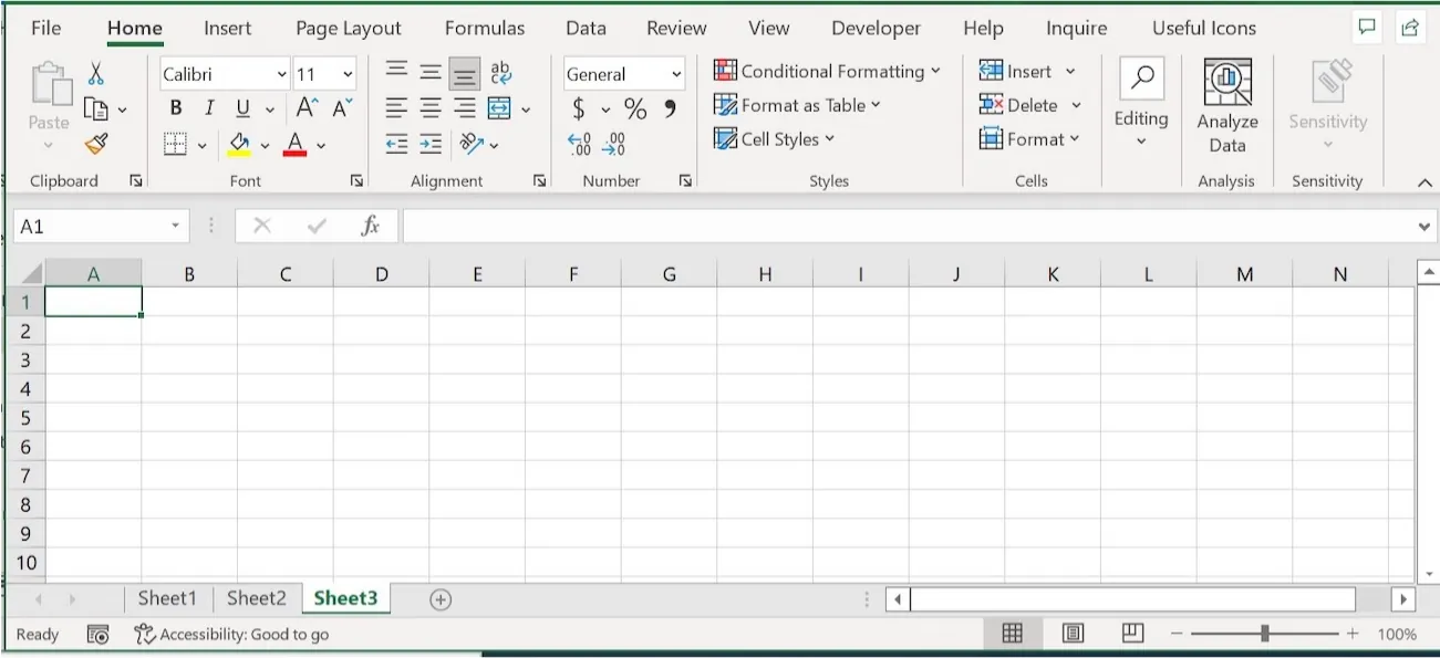 A blank spreadsheet in Excel.