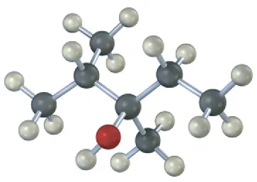 The ball-and-stick model has a 5-carbon chain. C2 is bonded to a methyl group. C3 is bonded to a hydroxyl group and a methyl group. The red sphere denotes oxygen.