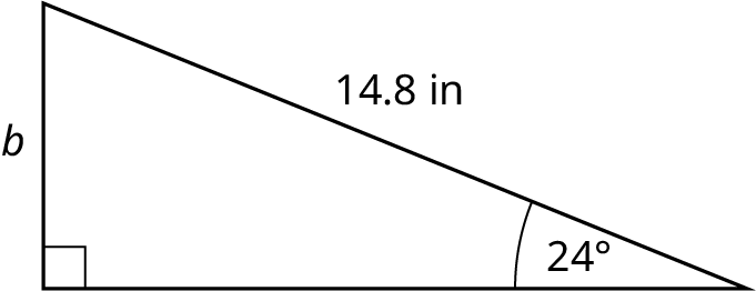 A right triangle. The vertical leg measures b and the hypotenuse measures 14.8 inches. The angle made by the horizontal leg and hypotenuse is marked 24 degrees.