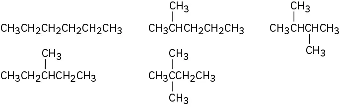 The molecular structures of five isomers of hexane.