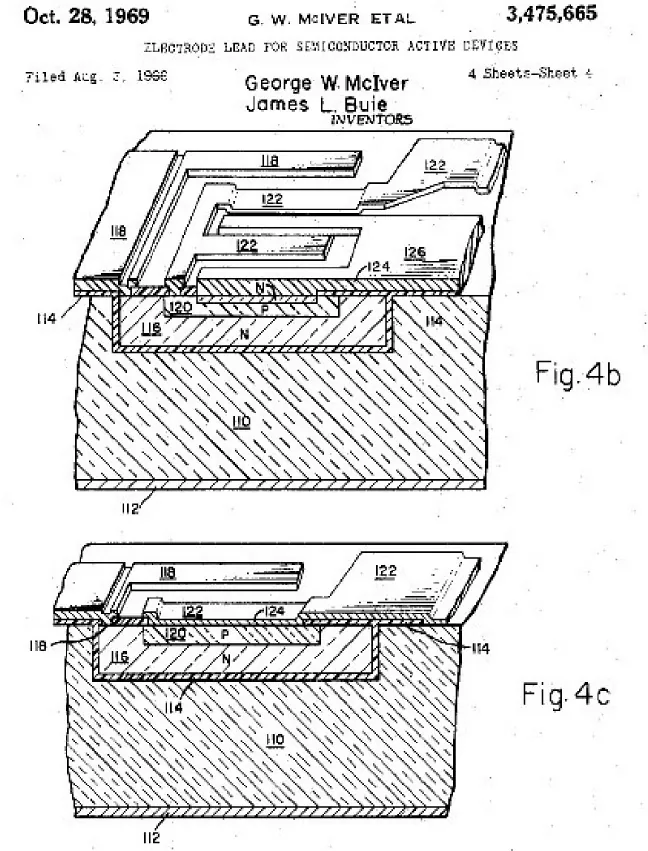 An hand-drawn schematic of a semi-conductor. It is labeled October 28 1969 and has the names George McIver and James Bouie. The image shows what appears to be a flat plate with various components labeled.