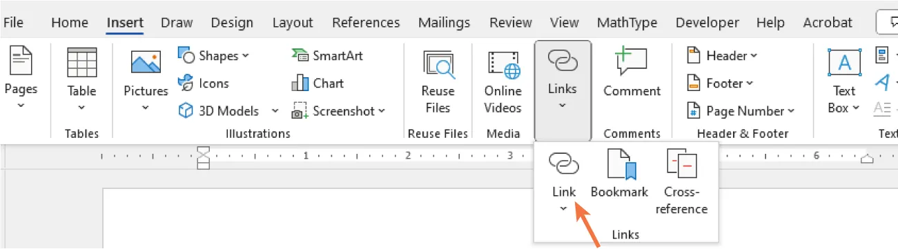 The Links button in the Links command group (in Insert tab) is selected and opens to options for: Link, Bookmark, and Cross-reference. Link option highlighted.