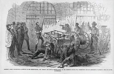 An illustration shows John Brown and others with rifles and pikes, holding a small group of men hostage inside the engine house of Harpers Ferry Armory. Several other men lie injured on the ground. The caption reads “Harper’s Ferry insurrection—Interior of the Engine-House, just before the gate is broken down by the storming party—Col. Washington and his associates as captives, held by Brown as hostages.”
