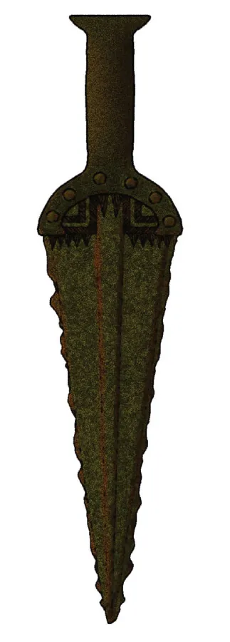 A bronze age dagger with the blade pointed downward. The blade is not smooth.