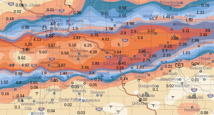 A map of Wisconsin and Minnesota that shows many cities with numbers affixed to them. The highest numbers come in a narrow band, and the map is colored accordingly. The map effectively looks like a contour map, but instead of elevations, it uses these numbers.