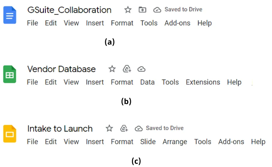 (a) Docs menu: File, Edit, View, Insert, Format, Tools, Add-ons. (b) Sheets menu: File, Edit, View, Insert, Format, Data, Tools. (c) Slides menu: File, Edit, View, Insert, Format, Slide, Arrange, Tools.