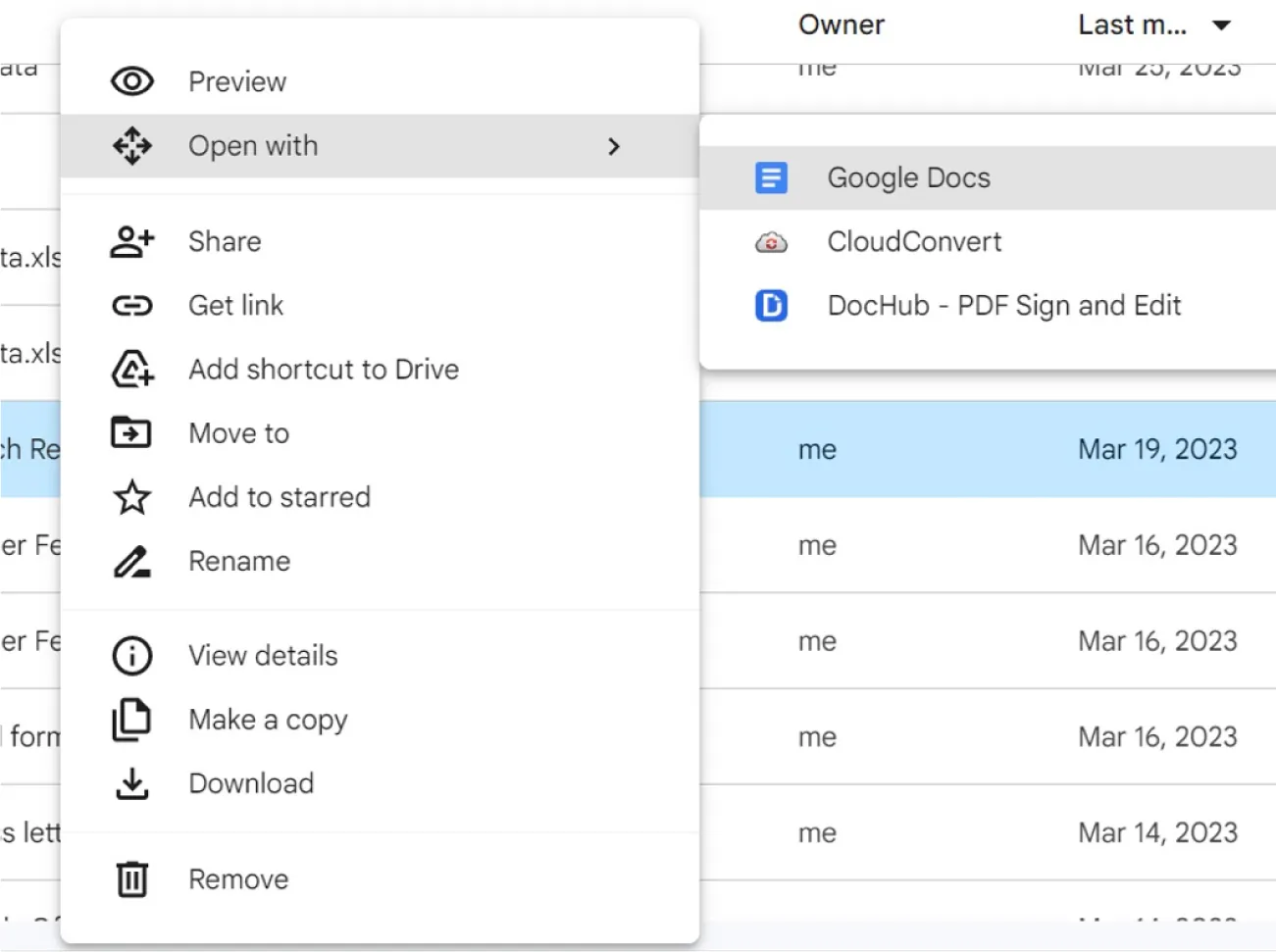 Open with selected in options pane. Opens to selections for: Google Docs (selected), CloudConvert, and DocHub – PDF Sign and Edit.