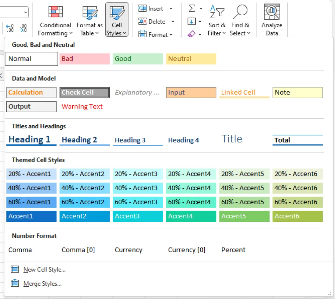 Cell Styles button opens to options: Good, Bad, and Neutral, Data and Model, Titles and Headings, Themed Cell Styles, and Number Format. Selections available for New Cell Style and Merge Styles.