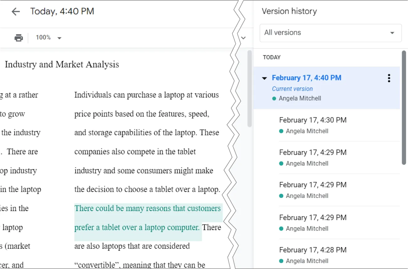 A sentence is highlighted. At right, a Version History pane is open. All versions is selected and all edits made are listed with date, time, and person who made the edits.
