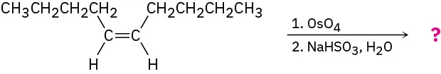 (Z)-dec-5-ene reacts first with osmium tetroxide, then sodium hydrogen sulfite and water to form an unknown product represented by a question mark.