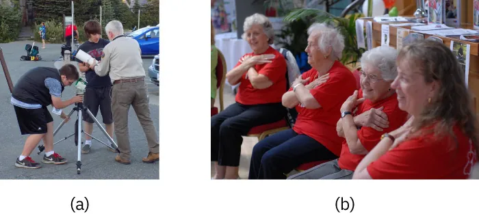Photo of (a) older individual setting up a telescope with two teenagers, and (b) three older individuals sitting, smiling, and crossing their arms.