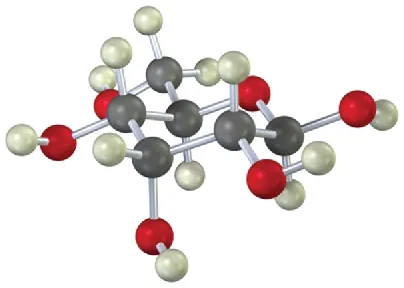 The ball-and-stick model of a pyranose. The gray, black, and red spheres represent hydrogen, carbon, and oxygen atoms, respectively.