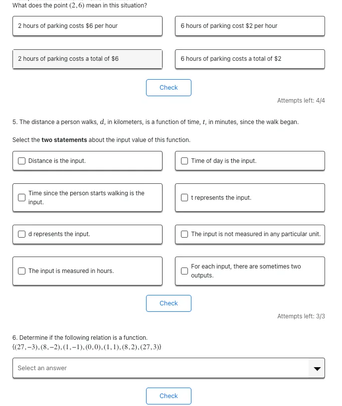 A screenshot from the curriculum showing a variety of types of questions provided to students. The questions included in this image are multiple choice, multi-select, and dropdown item types.