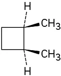 In a cyclobutane ring, C1 and C2 are each wedge bonded to methyl groups and dash bonded to hydrogen atoms, respectively.