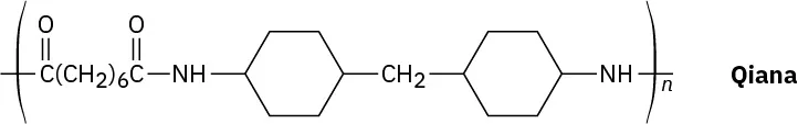 Qiana has a repeating unit that comprises of a dicarbonyl group, an amide bond, and two methylene linked cyclohexane rings.