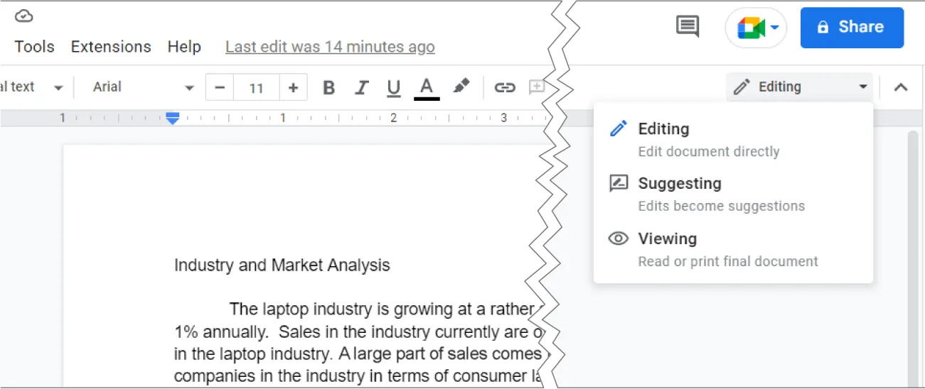 The Editing button is selected in a Google Doc and lists Editing (Edit document directly), Suggesting (Edits become suggestions), and Viewing (Read or print final document) as options for selection.