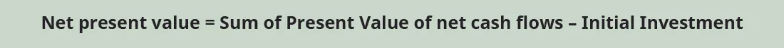 Net present value equals sum of present value of cash inflows minus initial investment.