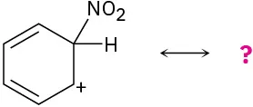 A cyclohexadiene ring with a positive charge at C 6 and a nitro group at C 5 in resonance with an unknown compound indicated by question mark.