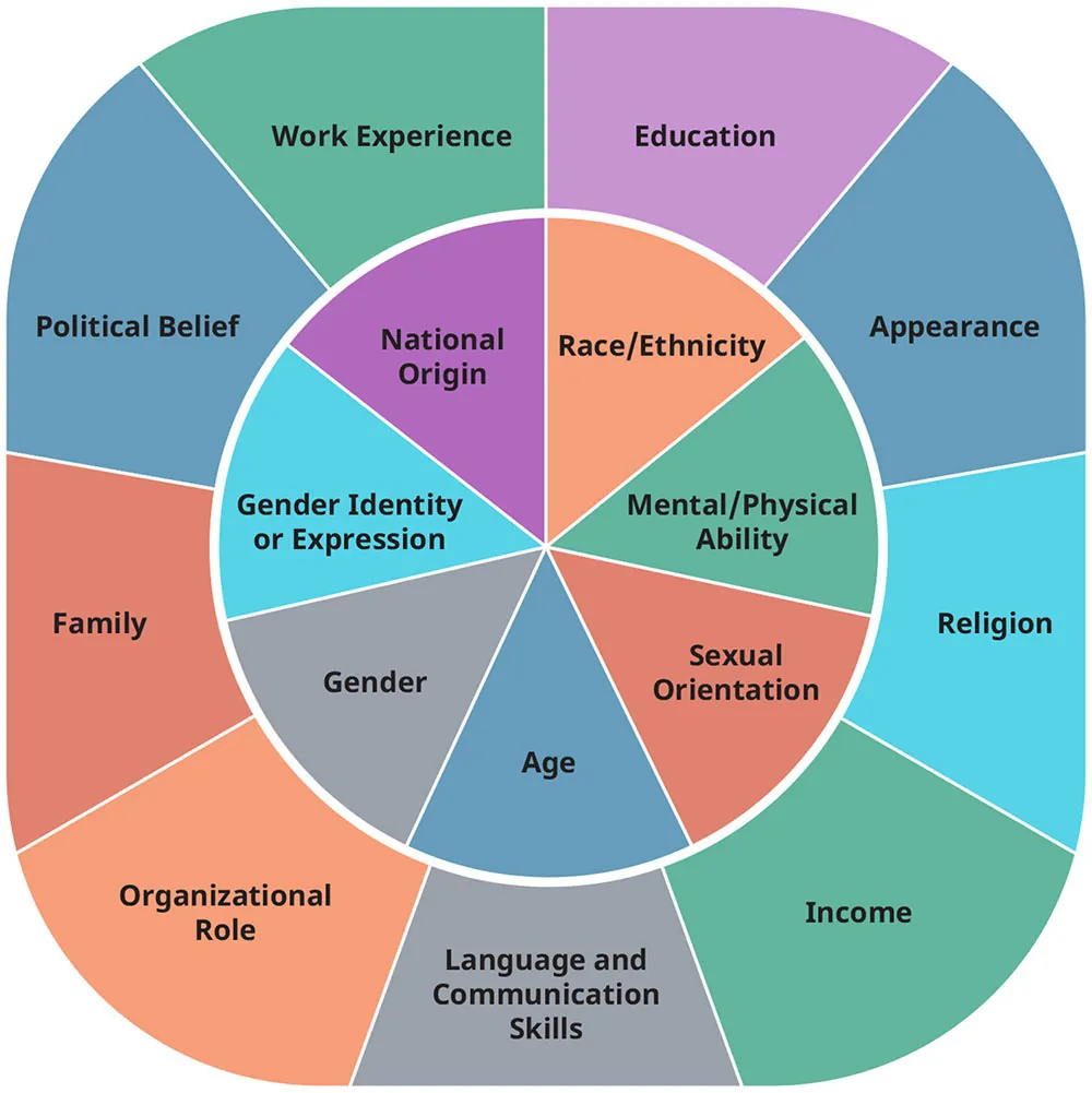 A diagram illustrates the intersectionality wheel divided into two circles one inside the other. In the outer circle in no particular order are political belief, education, religion, language and communication skills, family, and role. On the inner circle are national origin, race and ethnicity, sexual orientation, gender, gender identity or expression, age, and mental/physical ability.