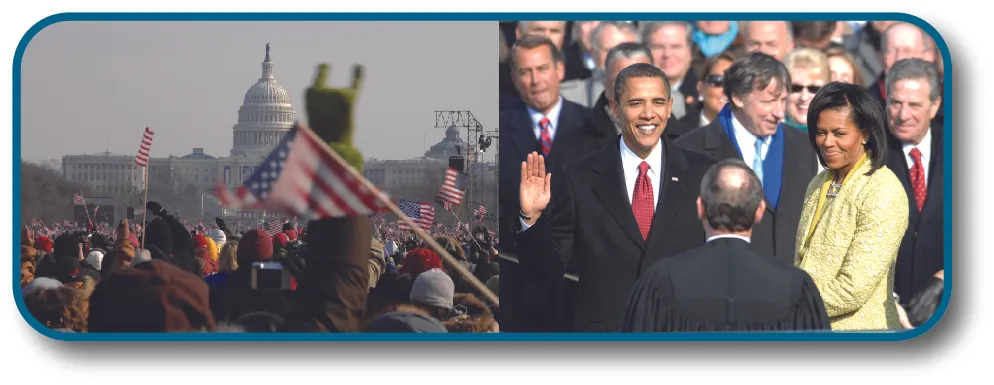 The left image shows a crowd of people waving American flags in front of the Capitol. The right image shows Barack Obama being sworn in as President of the United States.