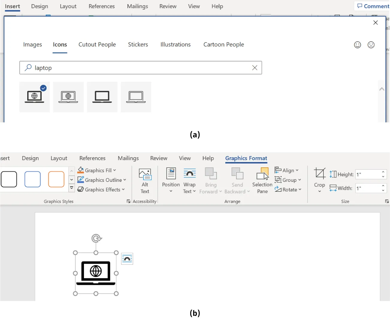 (a) Icons is selected in a search for laptops with laptop icons visible beneath. (b) The Graphic Format is selected and an icon of a computer is being inserted into a document.