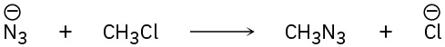 The figure shows azide anion reacts with chloromethane to form C H 3 N 3 and chloride.