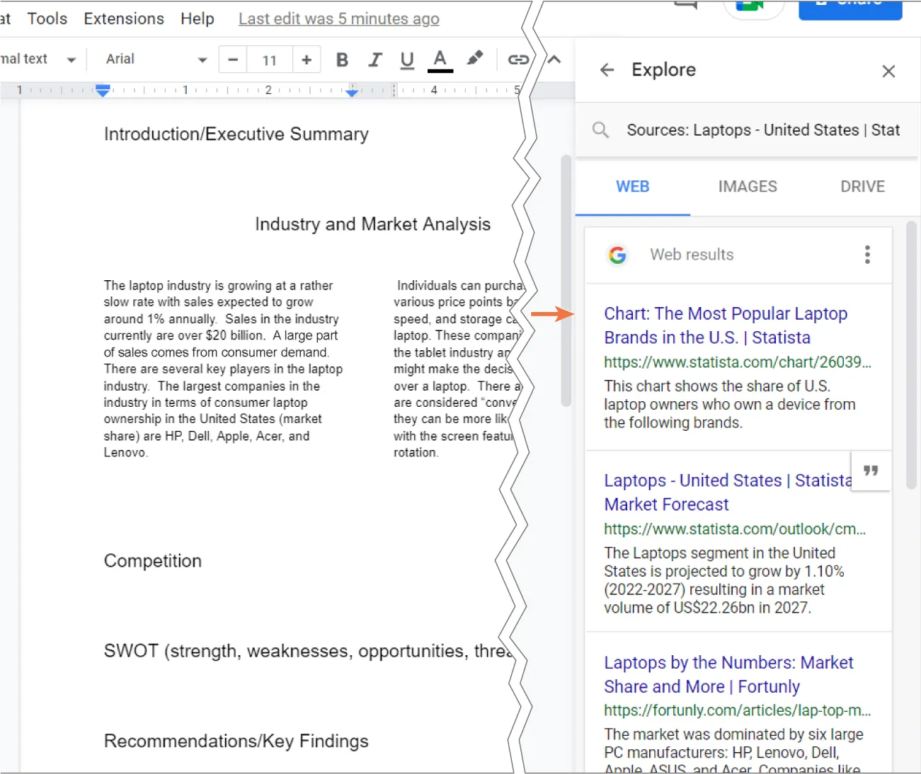 An Explore pane is open. The search bar lists: Sources: Laptops - United States. Below are three tabs – Web, Images, and Drive. The Web results list below.