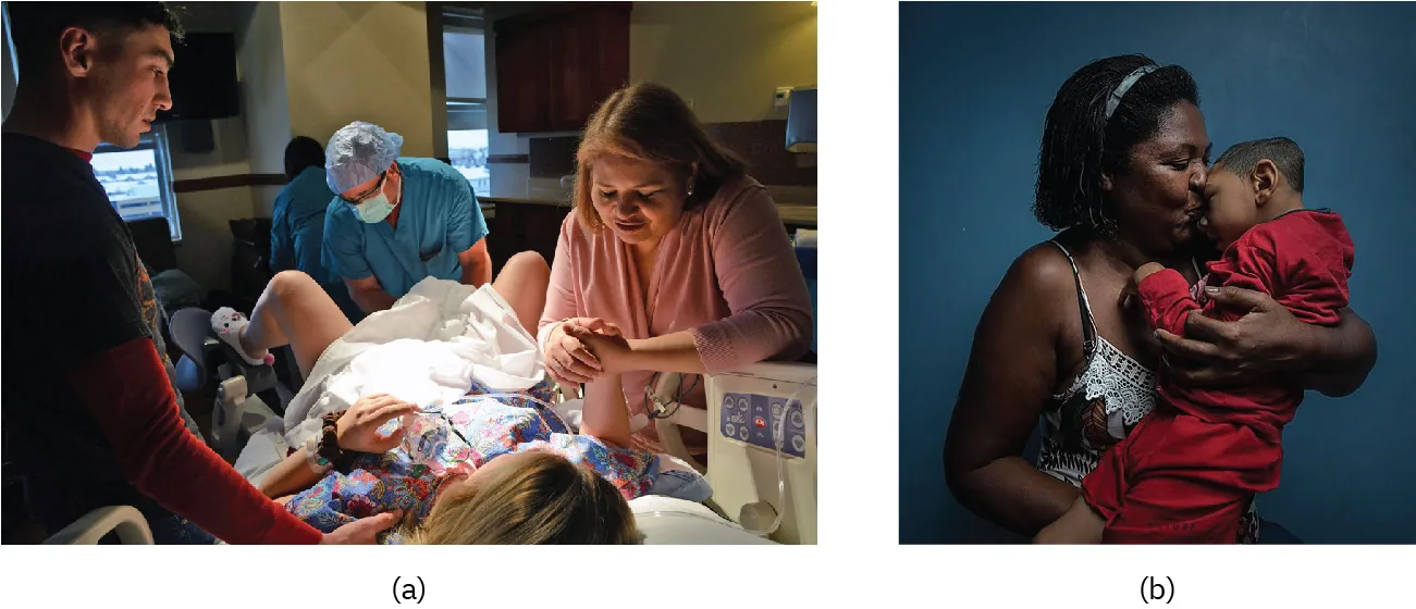 (a) Photo of individual giving birth in a hospital setting and (b) individual holding a child and kissing them.