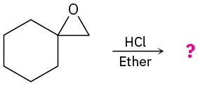 1-Oxaspiro[2.5]octane reacts with hydrochloric acid and an ether to form an unknown product(s), depicted by a question mark.
