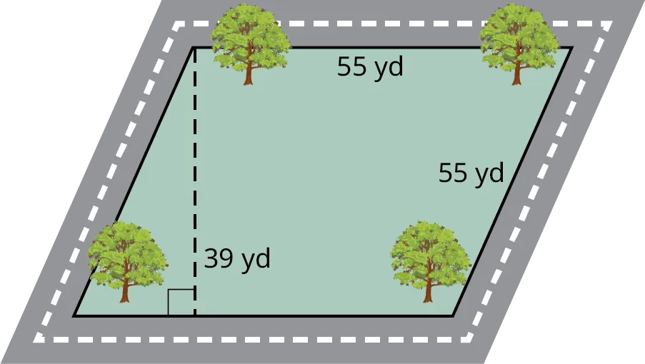 A park is in the shape of a parallelogram. The sides measure 55 yards. The height measures 39 yards.