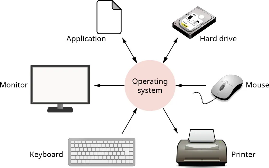 A diagram showing how the operating system connects the hardware to the software.