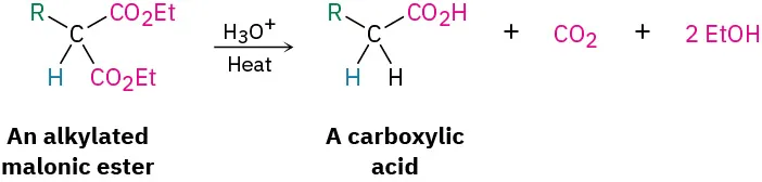 When heated, an alkylated malonic ester is protonated to form a carboxylic acid, carbon dioxide, and 2 equivalents of ethanol.