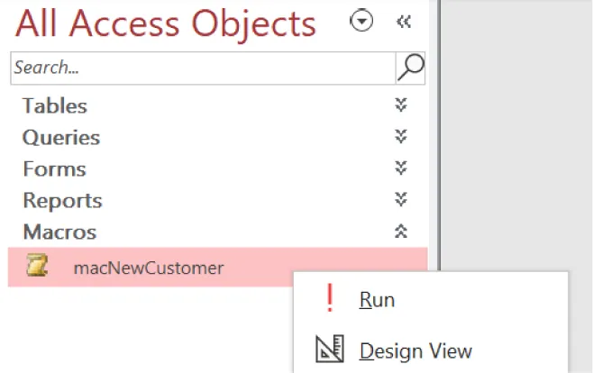 All Access Objects window lists categories Tables, Queries, Forms, Reports, and Macros (with macNewCustomer listed below and selected). A pane opens with Run and Design Review options.