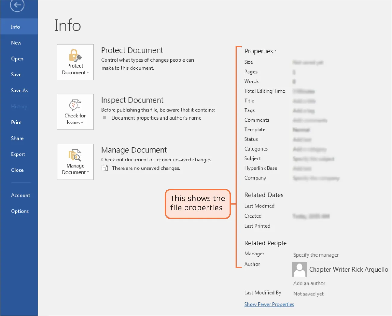 Info window lists: file Properties (Size, Pages, Words, Total Editing Time, Title, Tags, Comments, Template, Status, Categories, Subject, Hyperlink Base, Company), Related Dates (Last Modified, Created, Last Printed), Related People (Manager, Author).
