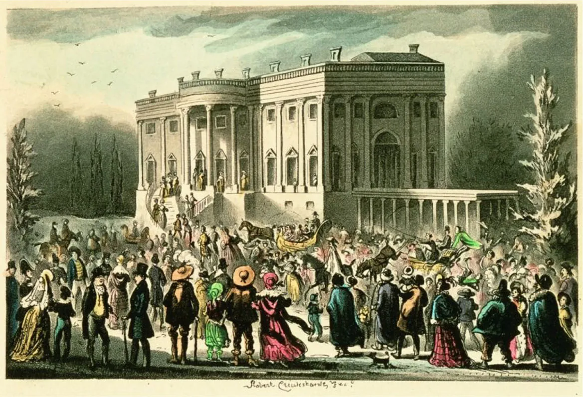An illustration depicts Andrew Jackson’s inauguration in 1829, with crowds surging into the White House to join the celebrations.