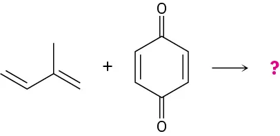 A 4-carbon chain with two alternate double bonds and methyl at C 2 reacts with cyclohexadiene with carbonyl groups at C 1 and C 4. Question mark represents the product.
