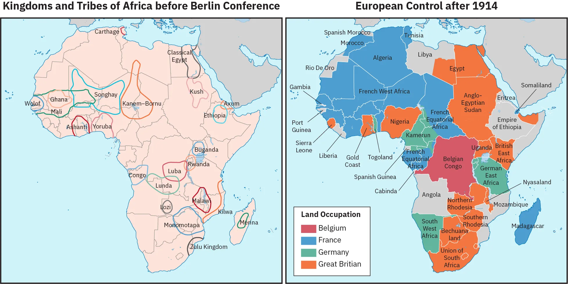 Two maps of Africa, side by the side. The map on the left is labelled “Kingdoms and Tribes of Africa before Berlin Conference.” Various territories are circled and labelled with the names of political entities such as Ashanti, Classical Egypt, Malaw, and Zulu Kingdom. These territories do not line up with contemporary state boundaries. The second map is labelled “European Control after 1914.” This map shows areas of land occupation by either Belgium, France, Germany or Great Britain, which do align with contemporary state boundaries.