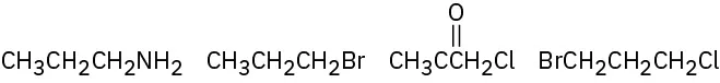 The chemical structures of propylamine, 1-bromopropane, 1-chloropropan-2-one, and 1-bromo-3-chloropropane.