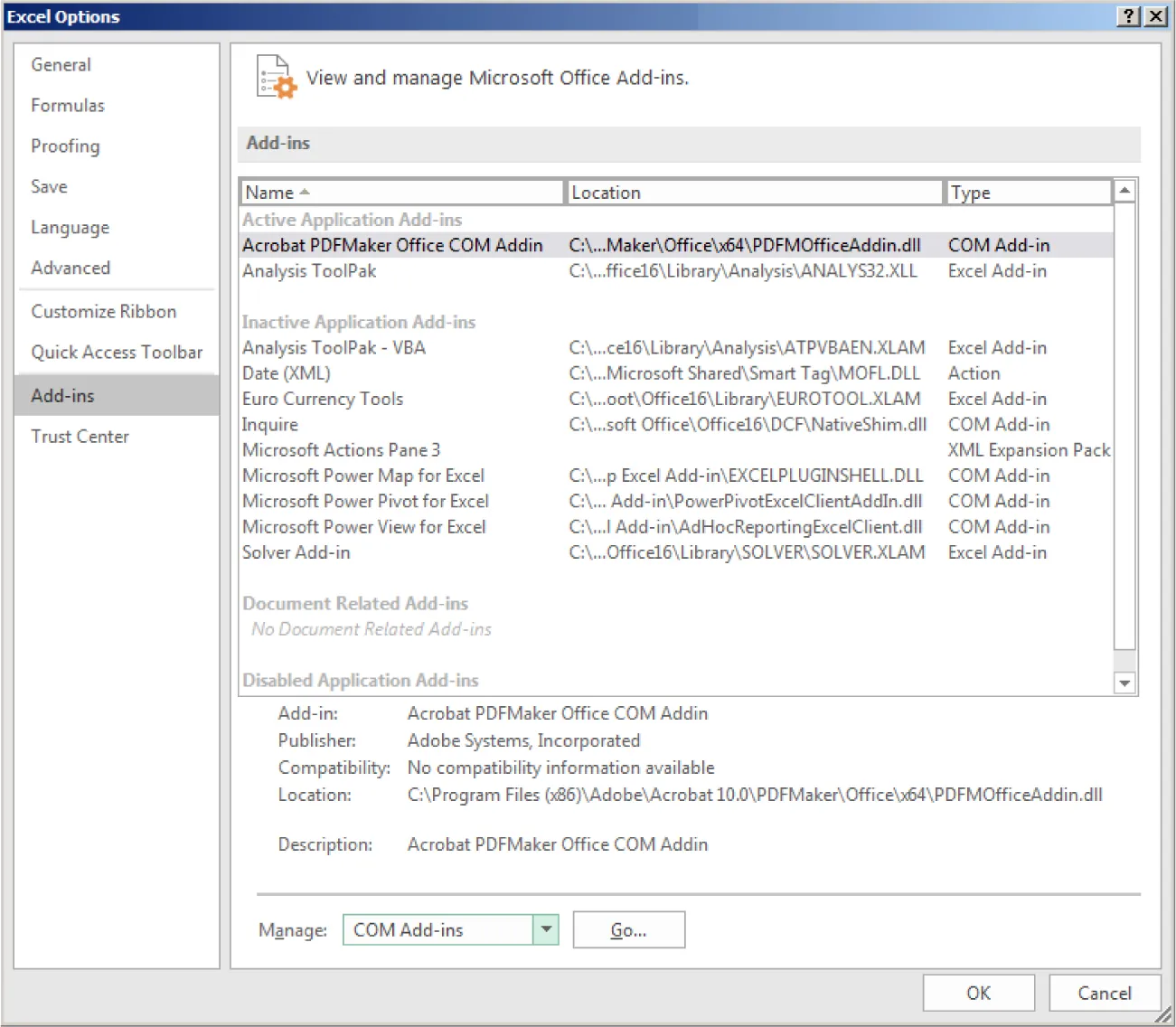 Add-ins is selected in Excel Options window. Add-ins are highlighted in Add-ins pane with information listed beneath.