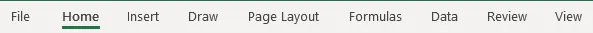 A screenshot of the main Excel menu displaying a series of submenus including File, Home, Insert, Draw, Page Layout, Formulas, Data, Review, and View. Home is underlined in green.