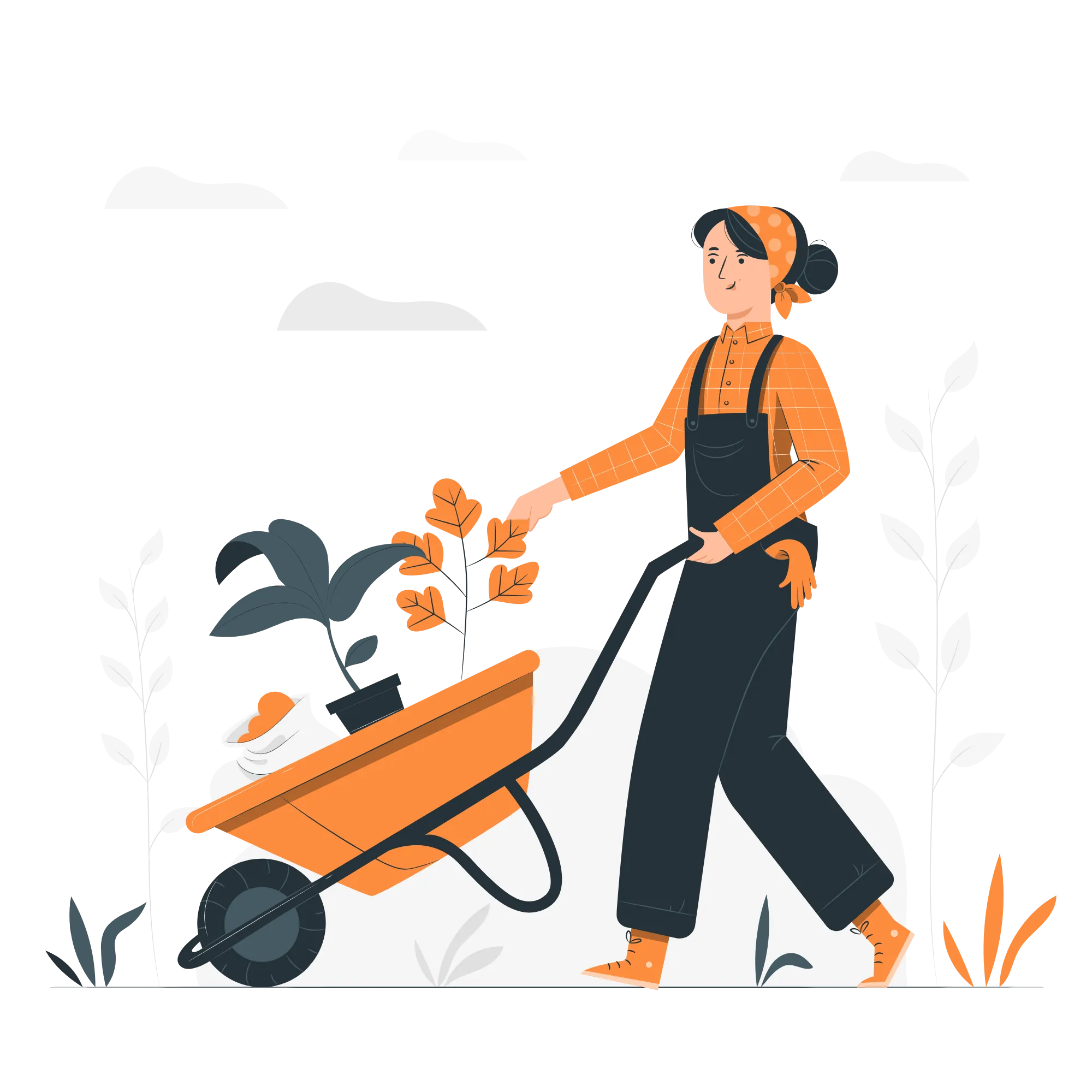Illustration of a woman in overalls and a headscarf pushing a wheelbarrow with a potted plant and gardening tools outdoors, surrounded by plants and clouds.