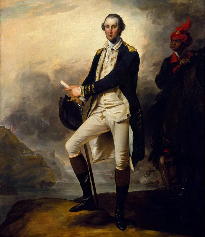 A painting shows George Washington standing on a promontory above the Hudson River, wearing a military coat and holding a tricorner hat and sword in his hand. Just behind Washington, enslaved William “Billy” Lee, a Black man wearing a red, turban-like hat, holds a horse and watches Washington. In the far background, British warships fire on an American fort.